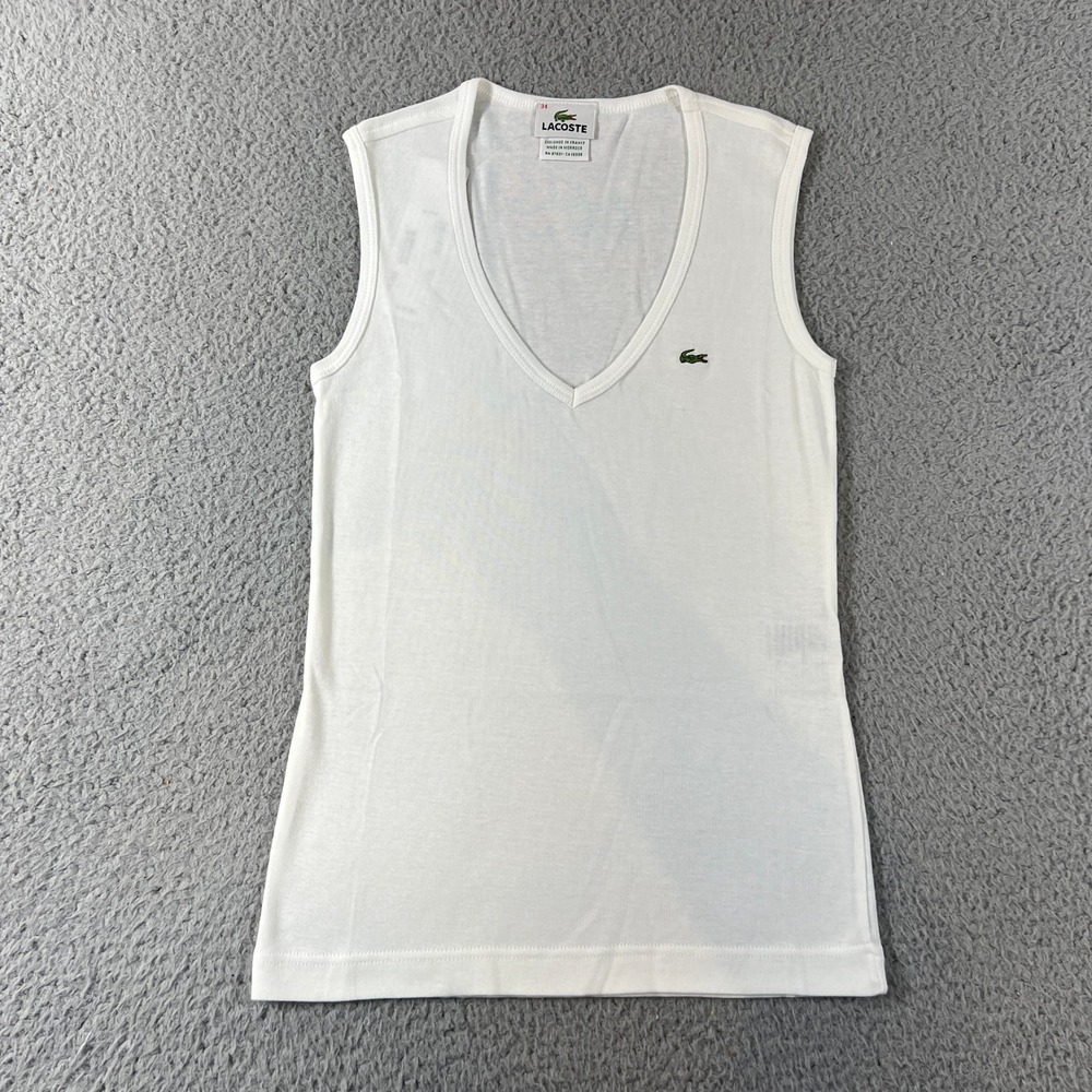 Lacoste Tank Top Women US Size S (EU/2) White V-Neck Cotton Sleeveless Logo